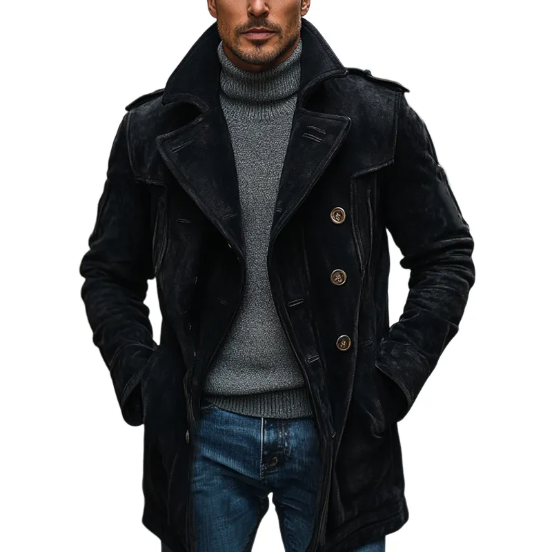 Men's Vintage Solid Color Lapel Faux Suede Mid-Length Coat MTA1360I2X sold by Manly