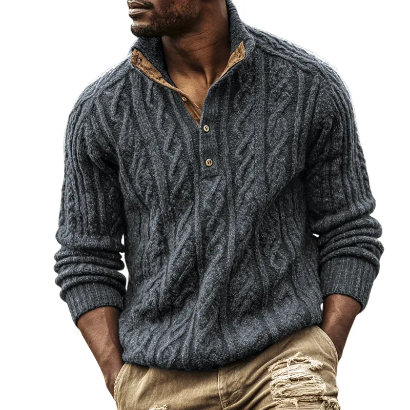 Men's Solid Cable Knit Henley Collar Long Sleeve Sweater MTA1245I9Z sold by Manly