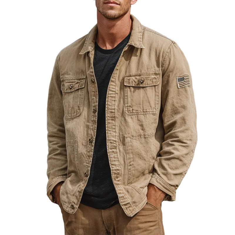 Men's Retro Washed Cotton Lapel Multi-pocket Cargo Jacket MTA1219I6Z sold by Manly