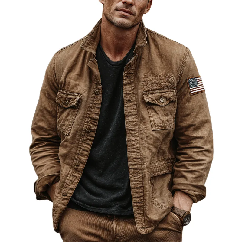 Men's Retro Washed Cotton Lapel Multi-pocket Cargo Jacket MTA1225I0Z sold by Manly