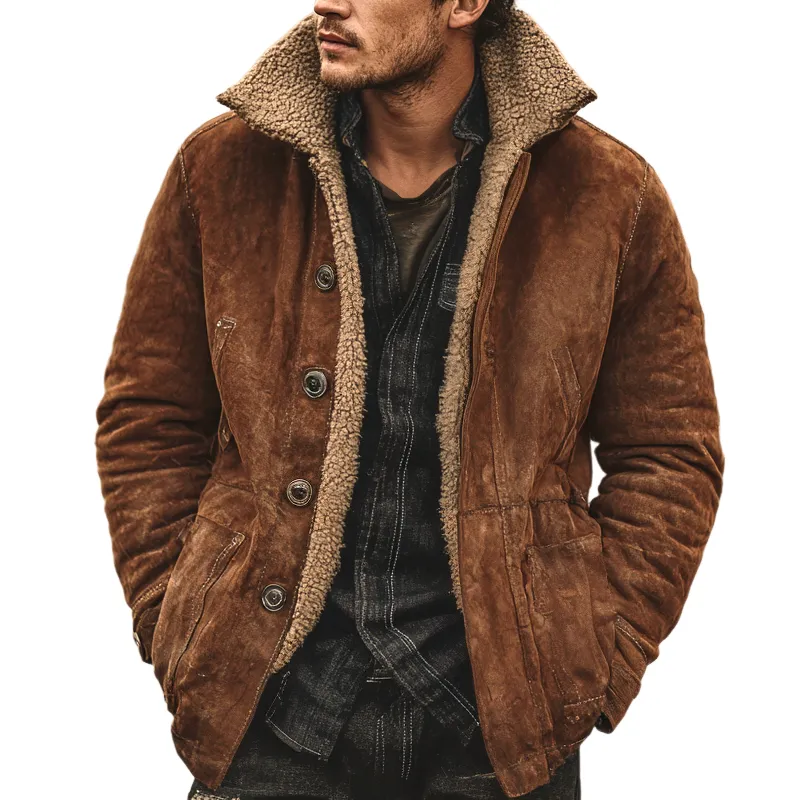 Men's Retro Fleece Lapel Faux Suede Single Breasted Jacket MTA1346I6Z sold by Manly