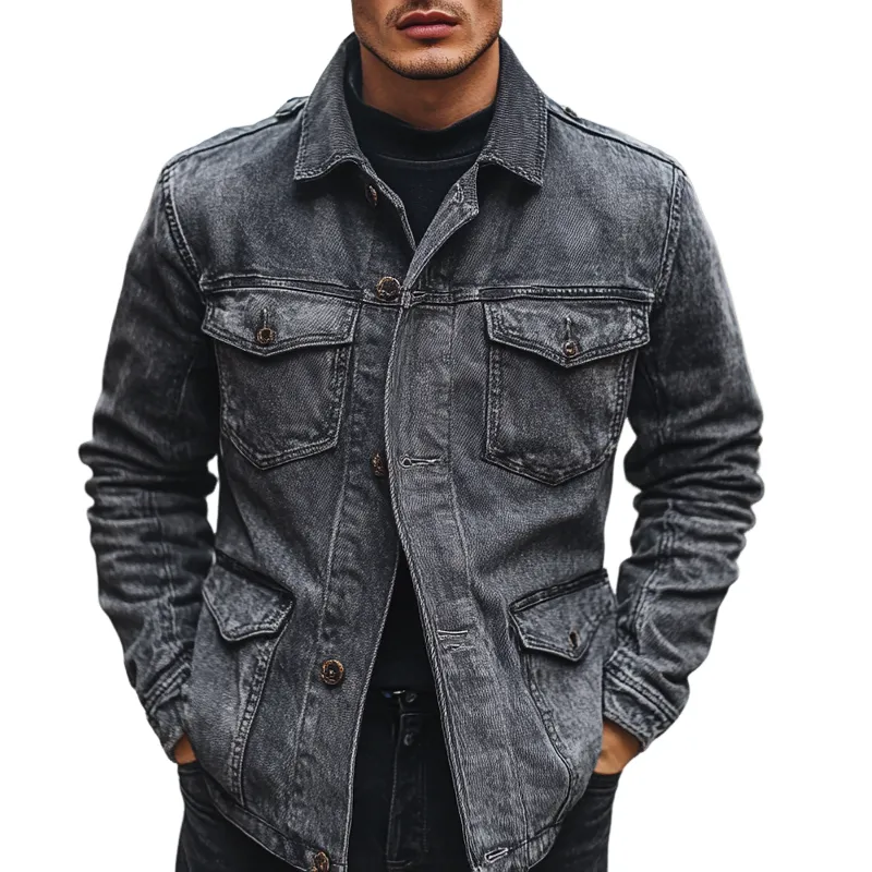 Men's Solid Color Vintage Lapel Multi-pocket Denim Jacket MTA1224I0X sold by Manly