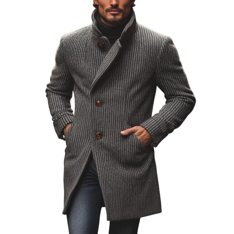 Men's Casual Striped Faux Wool Blend Lapel Mid-length Coat MTA1353I6X sold by Manly