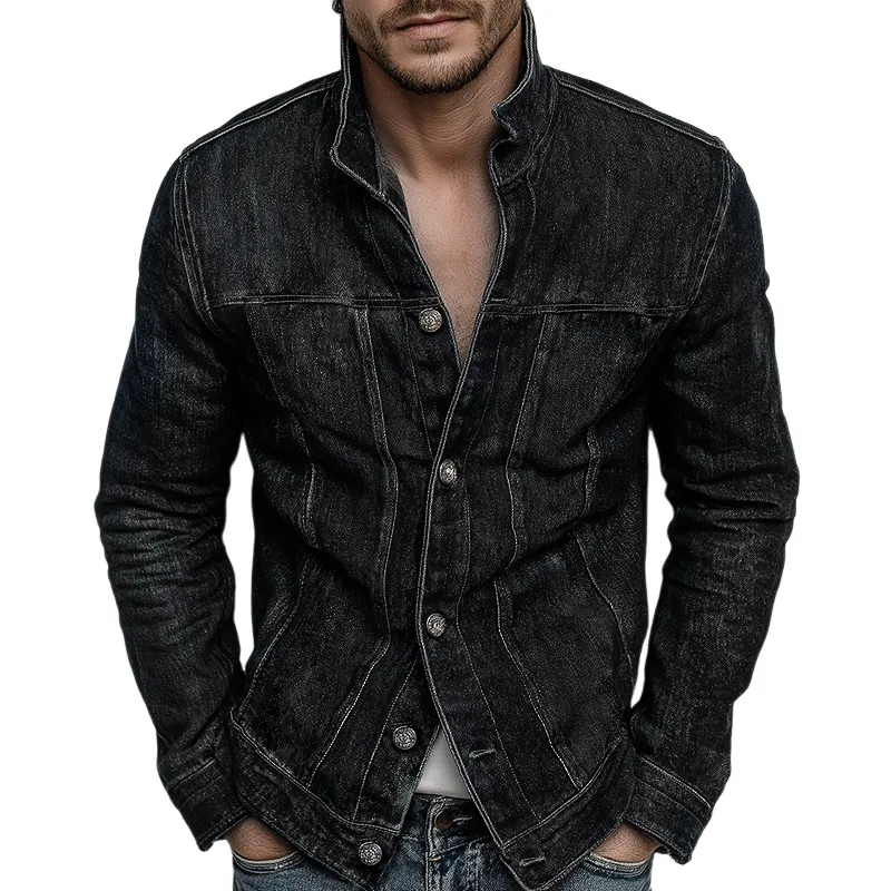 Men's Retro Casual Denim Washed Stand Collar Button Jacket MTA1072I2TO sold by Manly