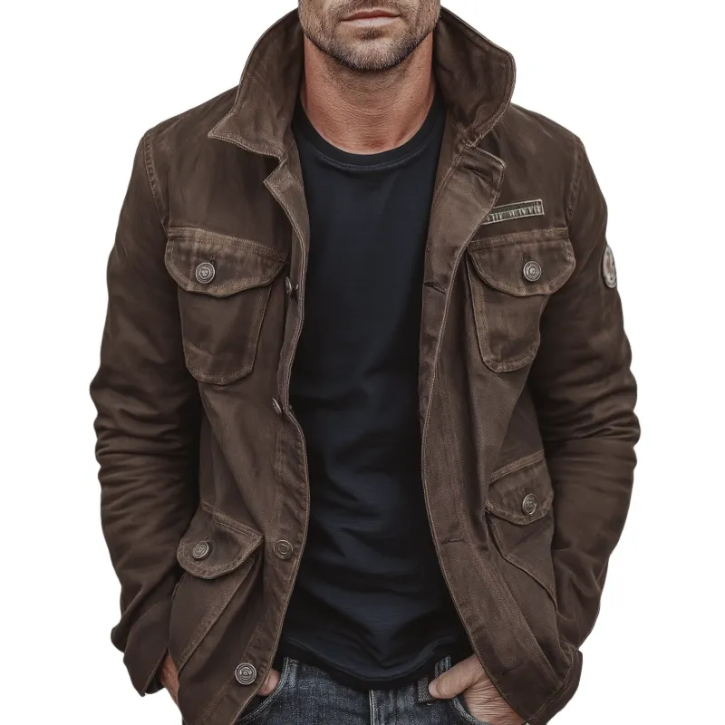 Men's Vintage Casual Cotton Washed Distressed Multi-Pocket Button Jacket MTA1076I4TO sold by Manly