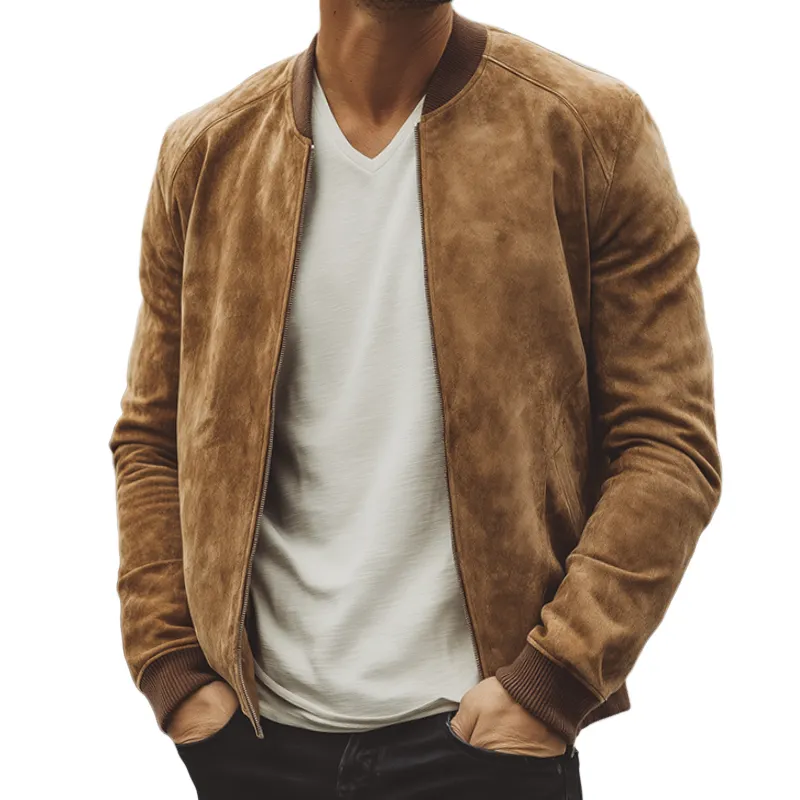 Men's Vintage Casual Suede Zip-Up Baseball Jacket MTA1099I0TO sold by Manly
