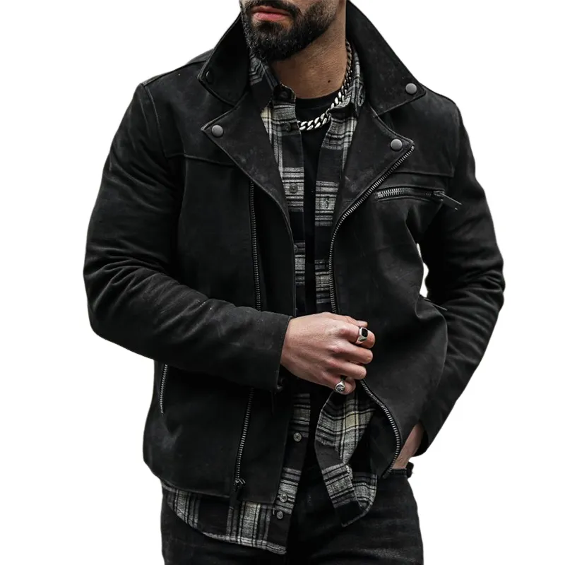 Men's Retro Casual Suede Zipper Short Lapel Biker Jacket MTA1072I0TO sold by Manly