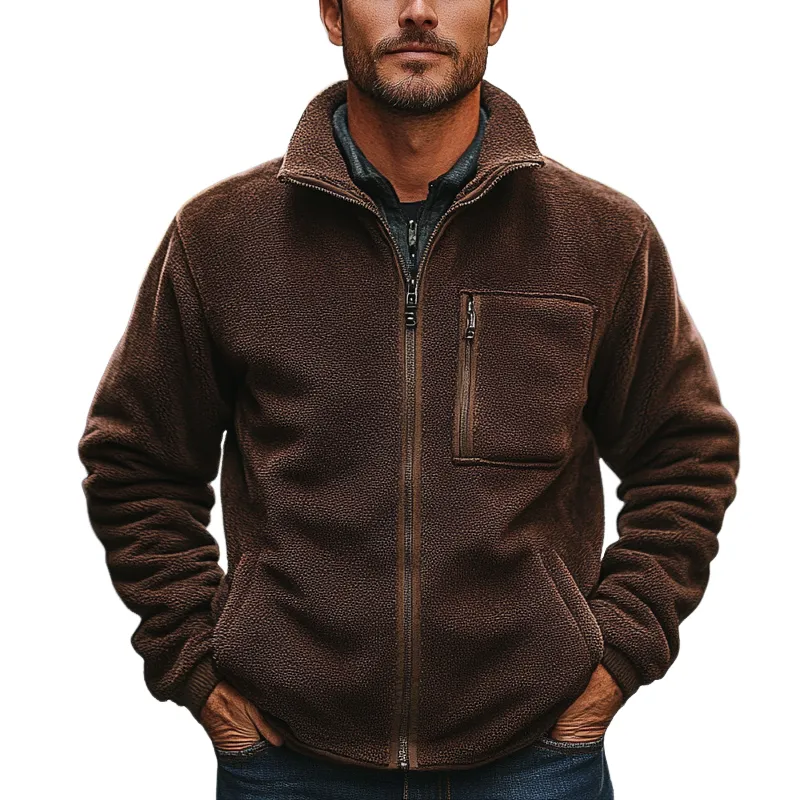 Men's Solid Color Polar Fleece Stand Collar Loose Zipper Jacket MTA1233I0X sold by Manly