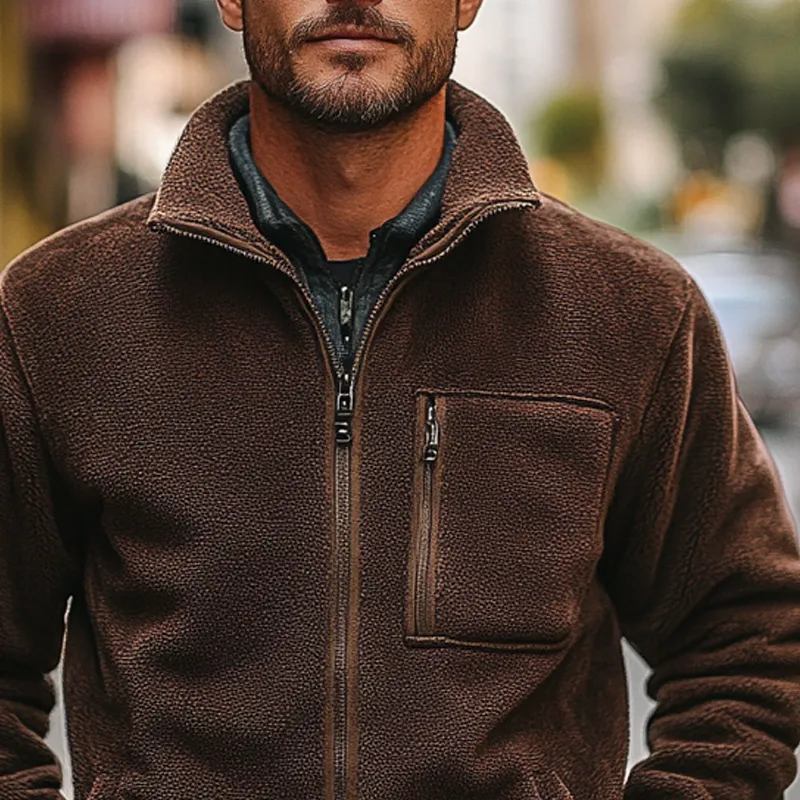 Men's Solid Color Polar Fleece Stand Collar Loose Zipper Jacket MTA1233I0X sold by Manly product image thumbnail 3