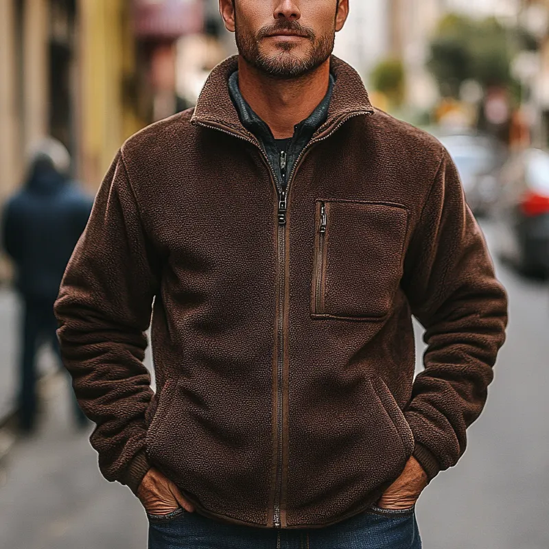 Men's Solid Color Polar Fleece Stand Collar Loose Zipper Jacket MTA1233I0X sold by Manly product image thumbnail 2