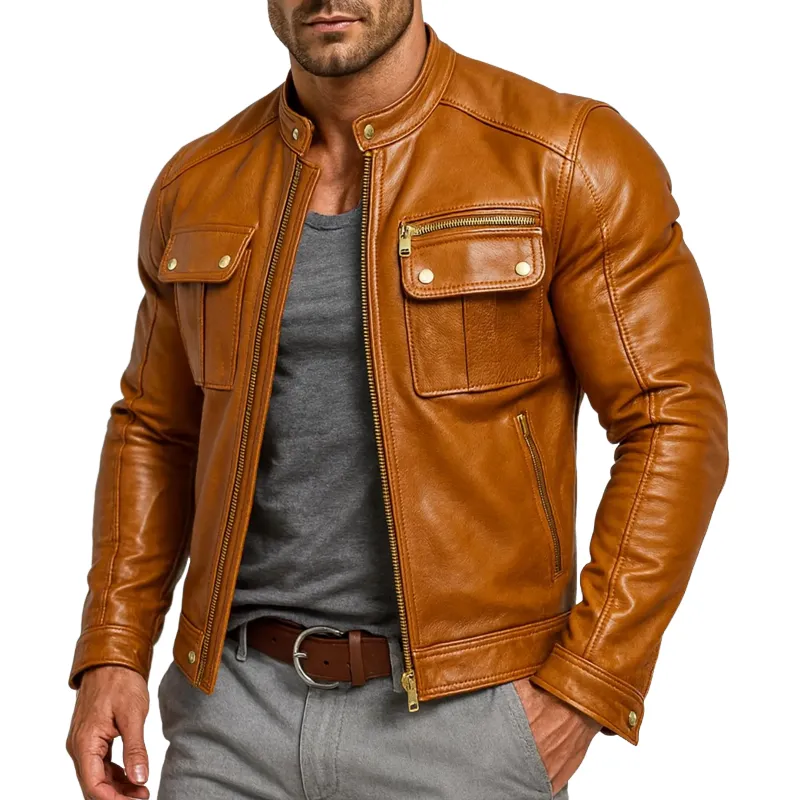 Men's Faux Leather Stand Collar Zipper Biker Jacket MTA1282I4Z sold by Manly