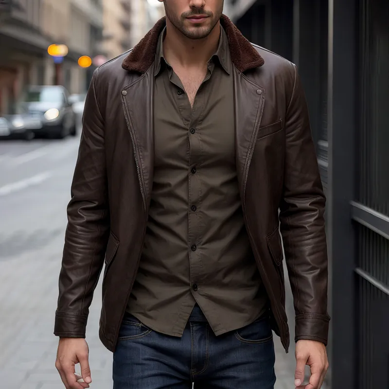 Men's Faux Fur Lapel Splicing PU Leather Zipper Jacket MTA1260I1Z sold by Manly product image thumbnail 2