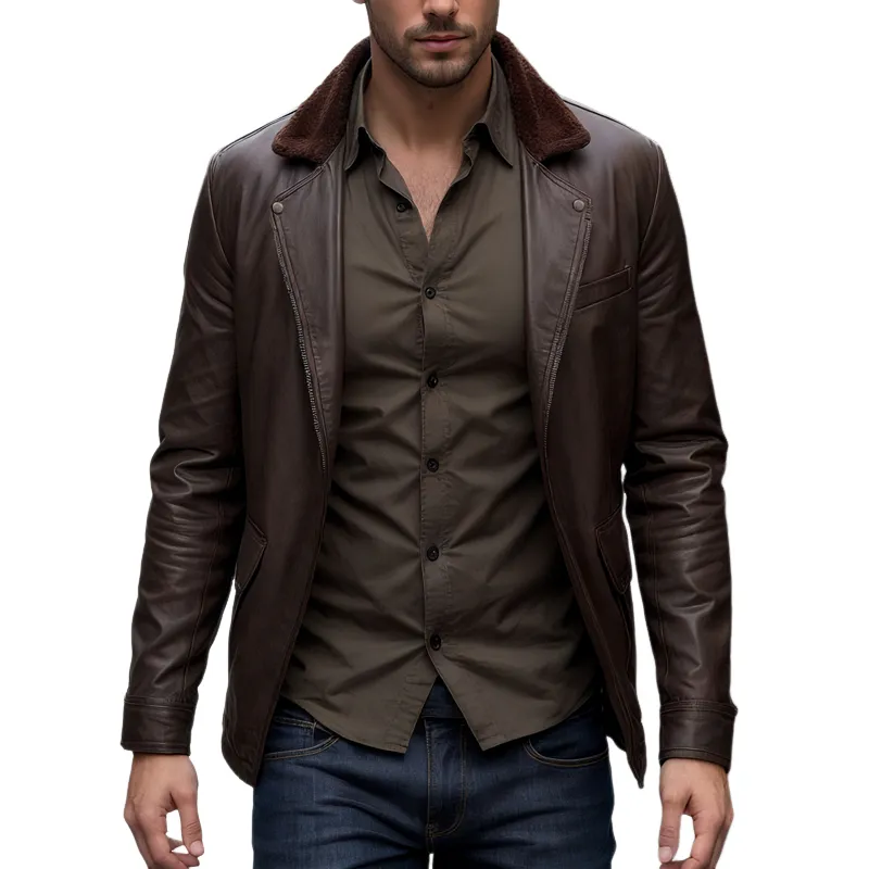 Men's Faux Fur Lapel Splicing PU Leather Zipper Jacket MTA1260I1Z sold by Manly