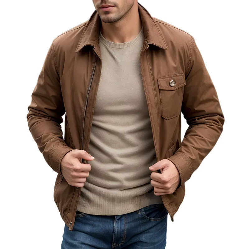 Men's Solid Color Cotton Lapel Chest Pocket Zipper Jacket MTA1289I3Z sold by Manly