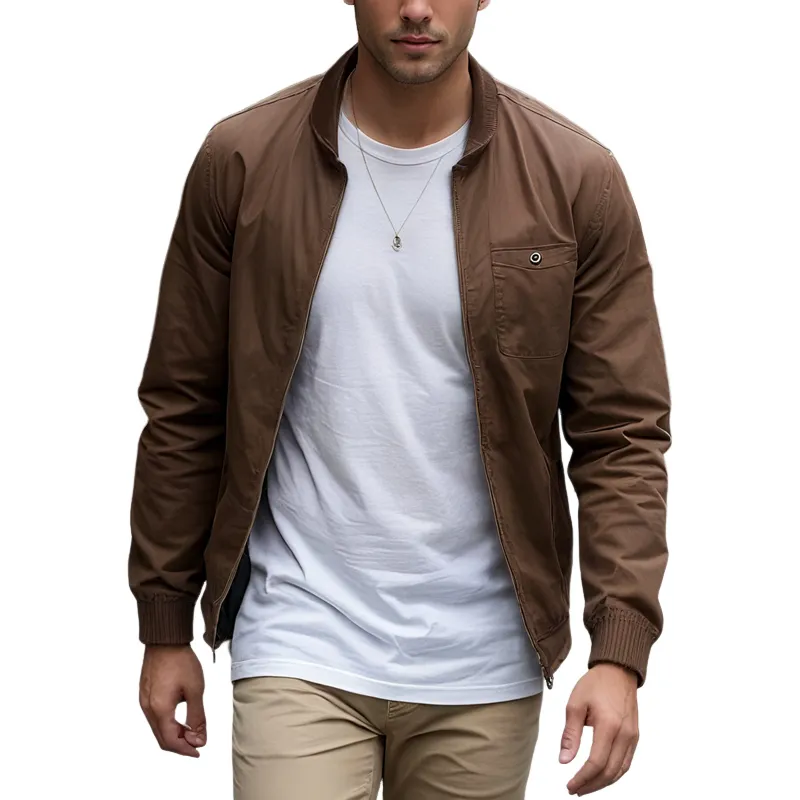 Men's Solid Color Cotton Stand Collar Chest Pocket Zipper Jacket MTA1291I2Z sold by Manly