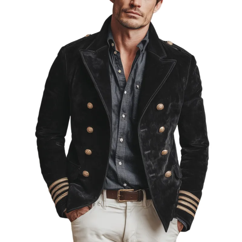 Men's Classic Retro Lapel Double-breasted Epaulette Faux Velvet Jacket MTA1581I5K sold by Manly