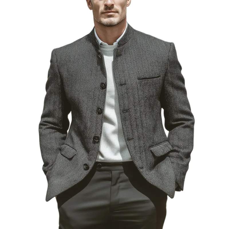 Men's Classic Vintage Stand Collar Button Herringbone Jacket MTA1519I1K sold by Manly