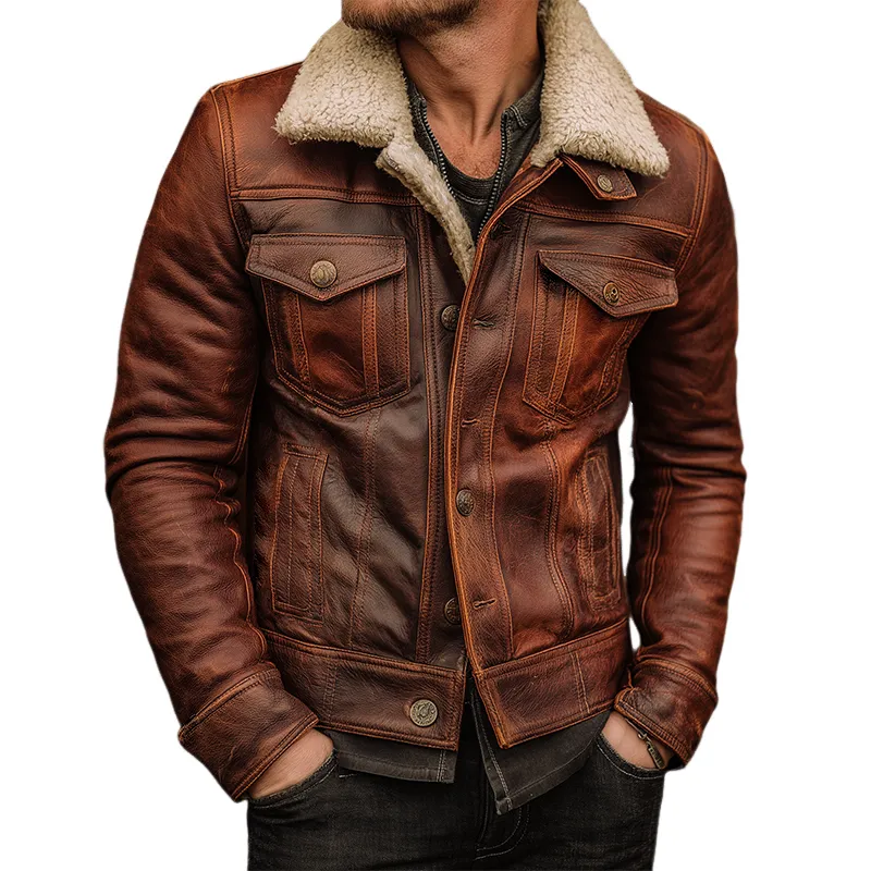 Men's Vintage Distressed Pu Plush Lapel Leather Jacket MTA0319I0TO sold by Manly