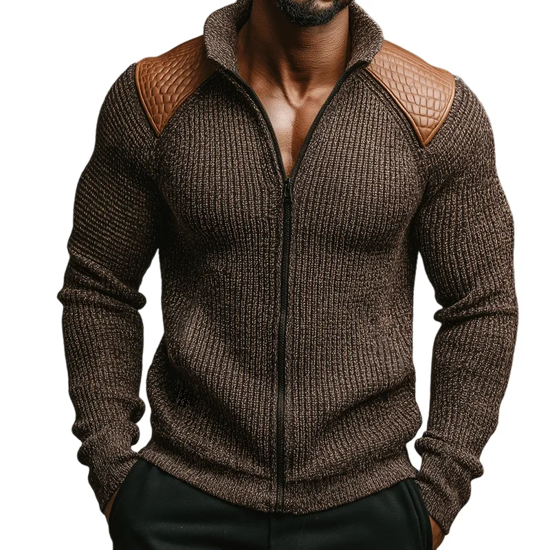 Men's Retro Casual PU Splicing Zipper Knitted Cardigan Sweater MTA1584I0TO sold by Manly
