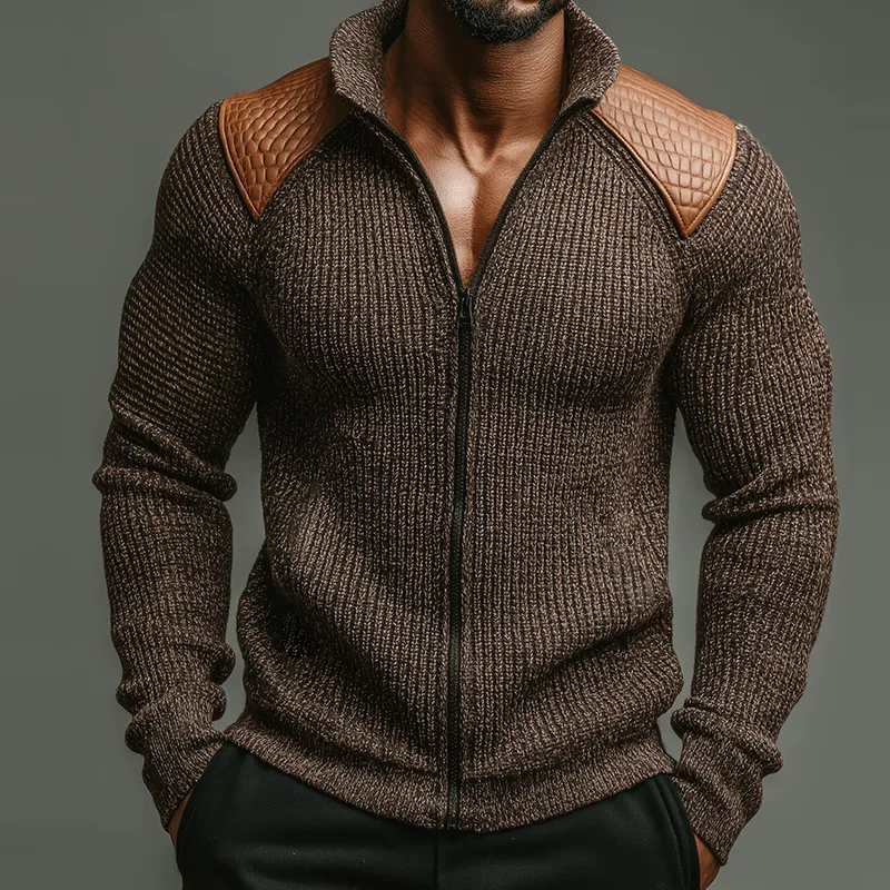 Men's Retro Casual PU Splicing Zipper Knitted Cardigan Sweater MTA1584I0TO sold by Manly product image thumbnail 2