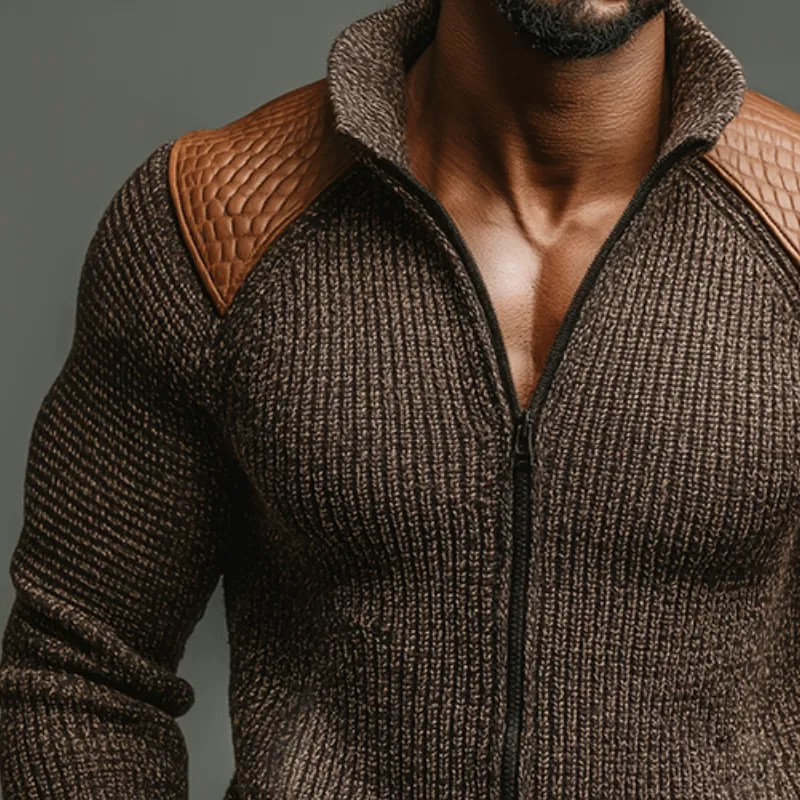 Men's Retro Casual PU Splicing Zipper Knitted Cardigan Sweater MTA1584I0TO sold by Manly product image thumbnail 3