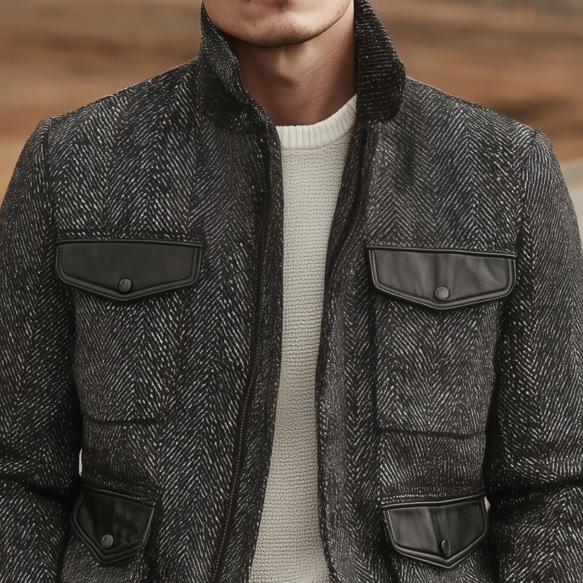 Men's Classic Casual Stand-up Collar Pocket Stitching PU Leather Zipper Herringbone Jacket MTA1525I9K sold by Manly product image thumbnail 4