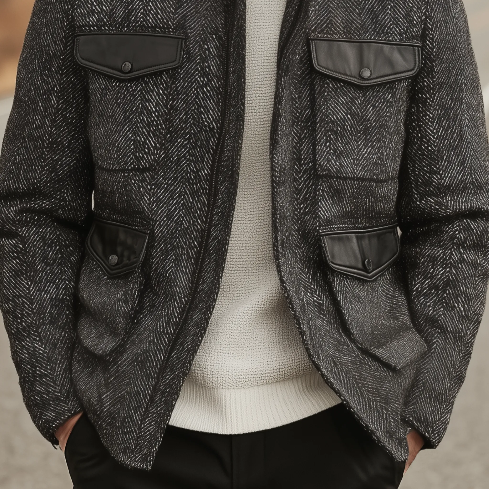 Men's Classic Casual Stand-up Collar Pocket Stitching PU Leather Zipper Herringbone Jacket MTA1525I9K sold by Manly product image thumbnail 5