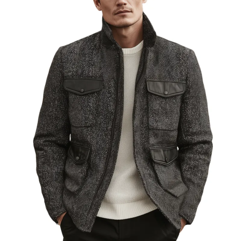 Men's Classic Casual Stand-up Collar Pocket Stitching PU Leather Zipper Herringbone Jacket MTA1525I9K sold by Manly