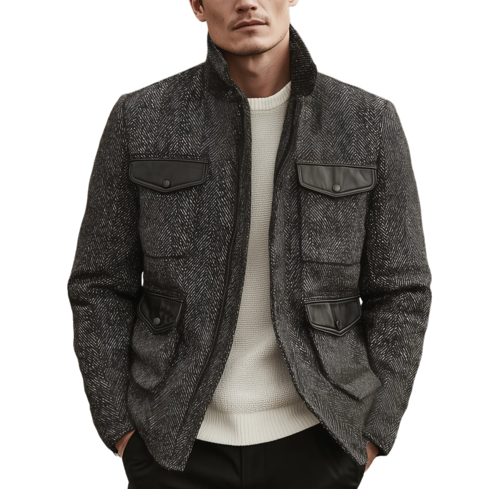 Men's Classic Casual Stand-up Collar Pocket Stitching PU Leather Zipper Herringbone Jacket MTA1525I9K sold by Manly
