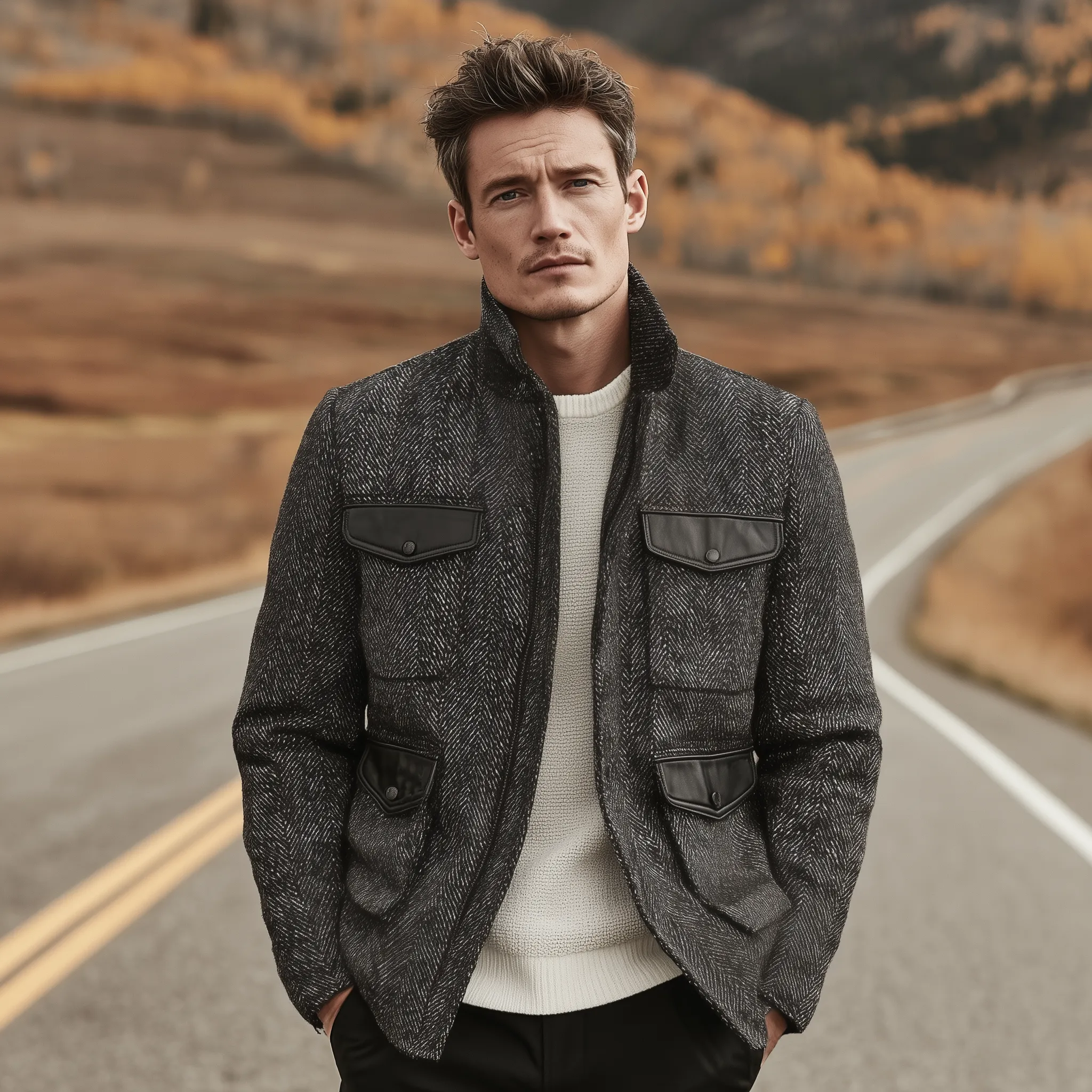 Men's Classic Casual Stand-up Collar Pocket Stitching PU Leather Zipper Herringbone Jacket MTA1525I9K sold by Manly product image thumbnail 3