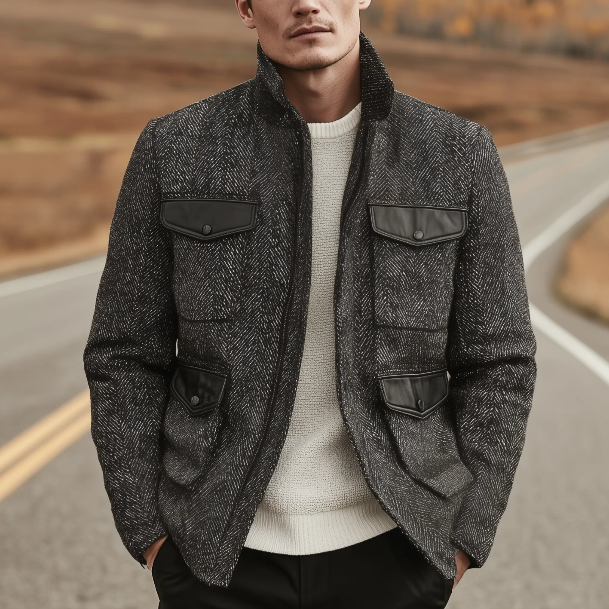 Men's Classic Casual Stand-up Collar Pocket Stitching PU Leather Zipper Herringbone Jacket MTA1525I9K sold by Manly product image thumbnail 2