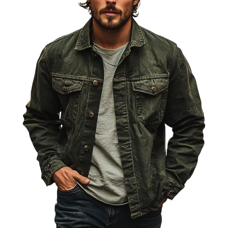 Men's Vintage Solid Color Washed Lapel Western Style Denim Jacket MTA1398I9X sold by Manly