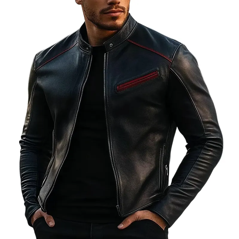 Men's Contrast Color Stand Collar PU Zipper Slim Fit Jacket MTA1558I5X sold by Manly