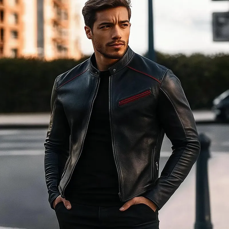 Men's Contrast Color Stand Collar PU Zipper Slim Fit Jacket MTA1558I5X sold by Manly product image thumbnail 4