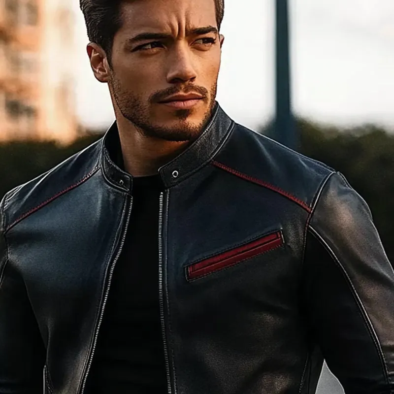 Men's Contrast Color Stand Collar PU Zipper Slim Fit Jacket MTA1558I5X sold by Manly product image thumbnail 3