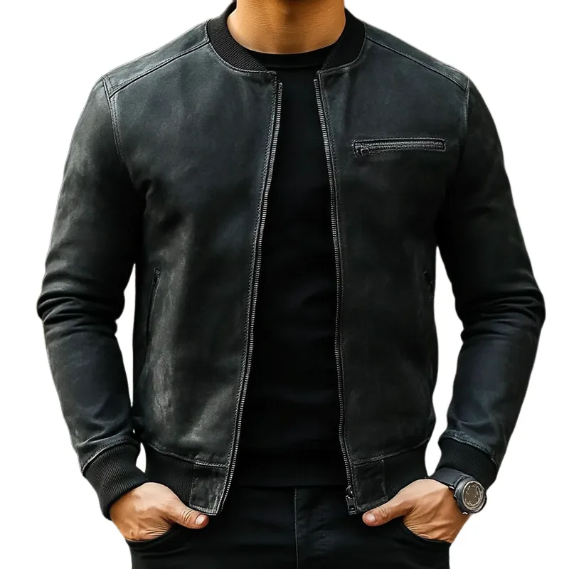 Men's Casual Solid Color Baseball Collar PU Jacket MTA1545I8X sold by Manly