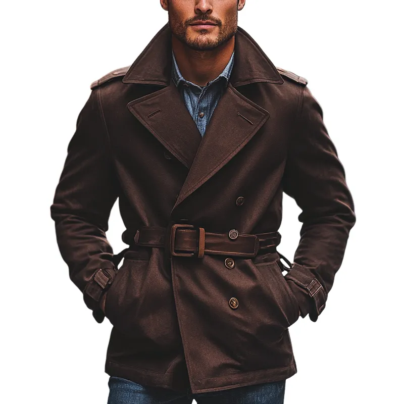 Men's Solid Color Twill Lapel Double-breasted Short Coat (including Belt) MTA1554I3X sold by Manly