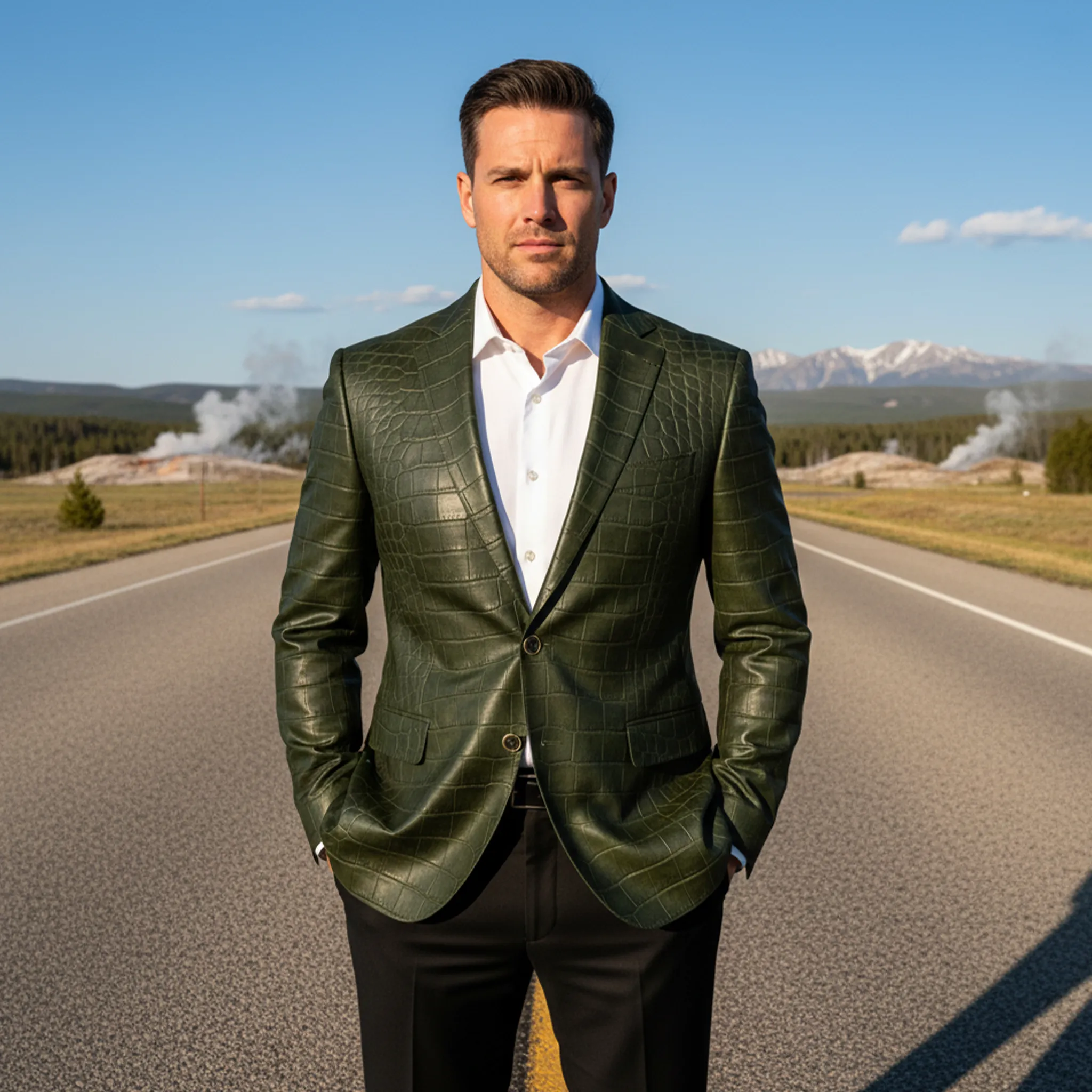 Men's Classic Retro Crocodile Leather Texture PU Leather Single-breasted Slim-fit Blazer MTA1544I0K sold by Manly product image thumbnail 2