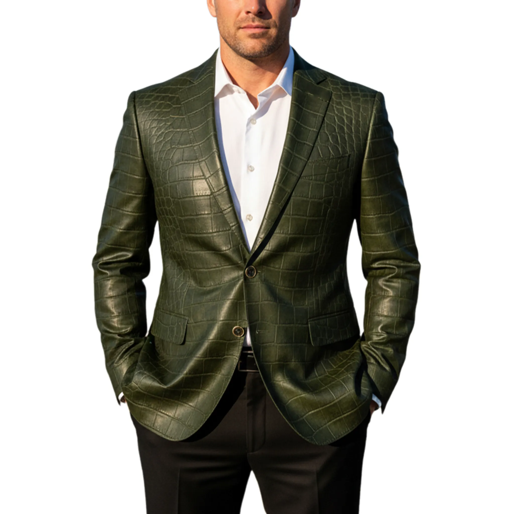 Men's Classic Retro Crocodile Leather Texture PU Leather Single-breasted Slim-fit Blazer MTA1544I0K sold by Manly