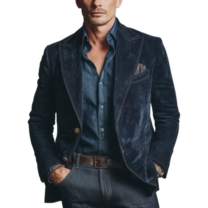 Men's Classic Vintage Navy Suede Single-breasted Slim-fit Blazer MTA1546I4K sold by Manly