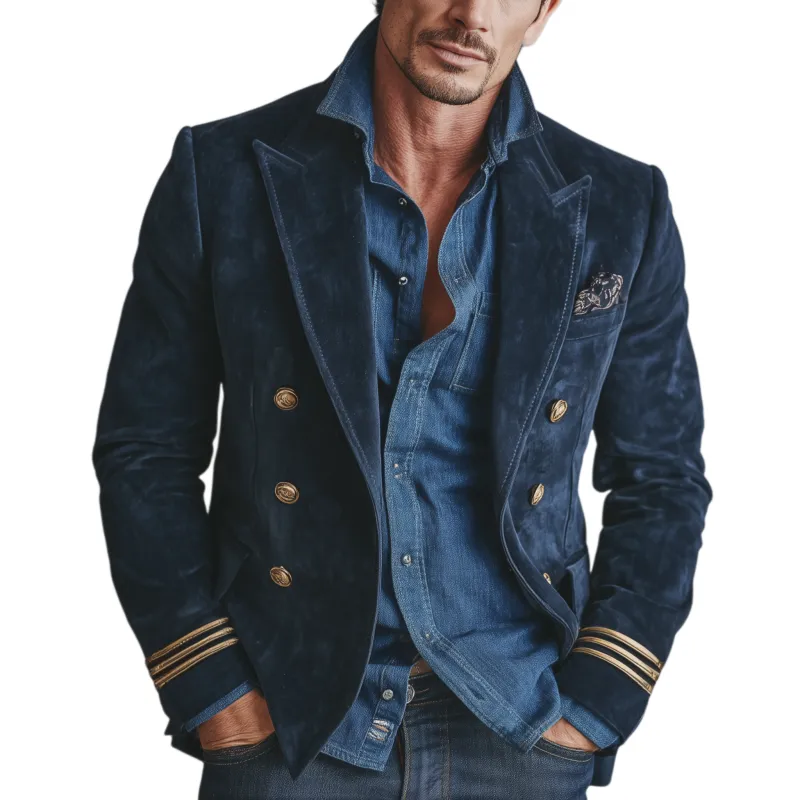 Men's Classic Vintage Navy Suede Double-breasted Slim-fit Blazer MTA1550I1K sold by Manly
