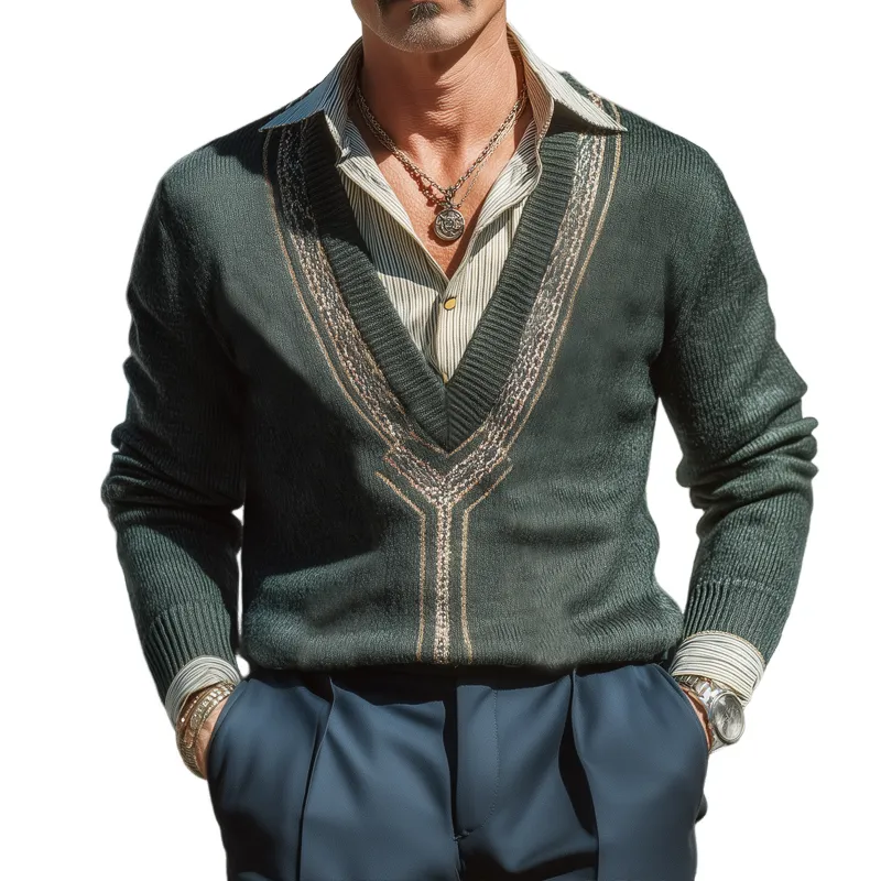 Men's Vintage V-Neck Forest Green Jacquard Knit Pullover Sweater MTA1301I8U sold by Manly