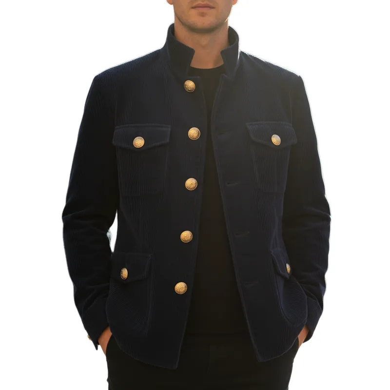 Men's Classic Stand Collar Navy Corduroy Button-Down Jacket MTA1597I5U sold by Manly