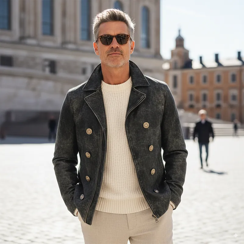 Men's Vintage Textured Zip-Up Lapel Jacket MTA1538I2U sold by Manly product image thumbnail 3