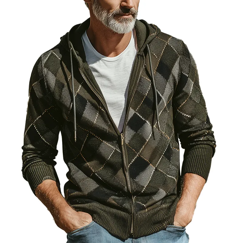 Men's Autumn Fashion Diamond Pattern Knitted Hooded Cardigan Sweater MTA1347I7P sold by Manly