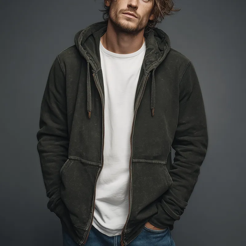 Men's Autumn Retro Washed Distressed Hooded Zipper Sweatshirt Cardigan MTA1337I9P sold by Manly product image thumbnail 2