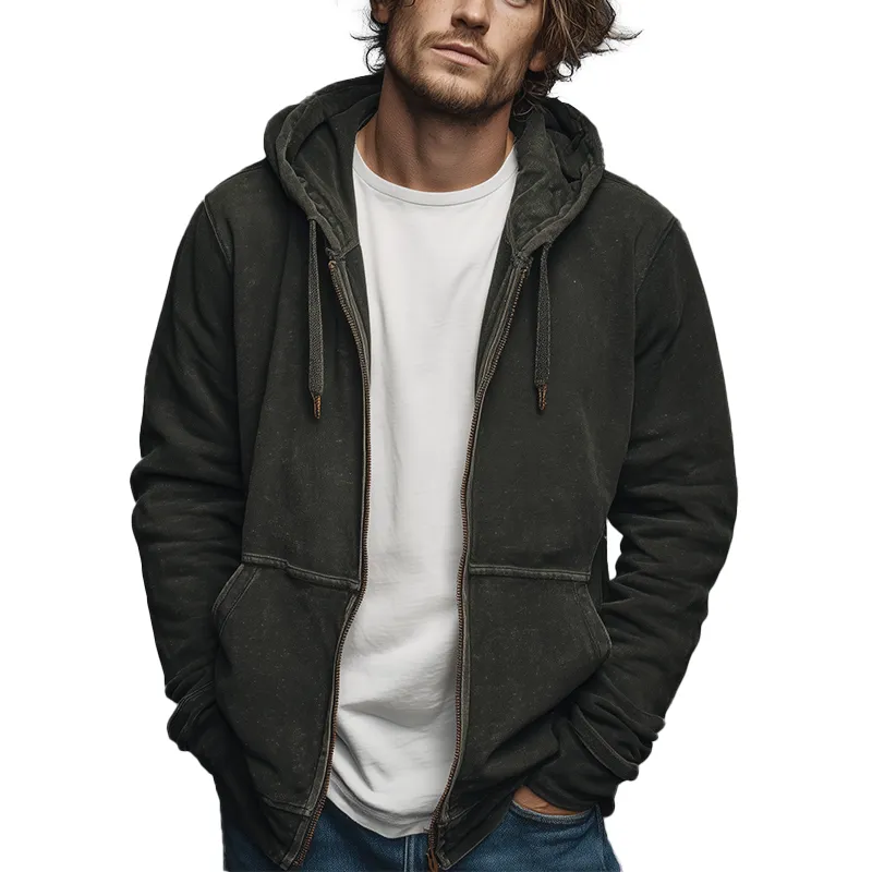 Men's Autumn Retro Washed Distressed Hooded Zipper Sweatshirt Cardigan MTA1337I9P sold by Manly