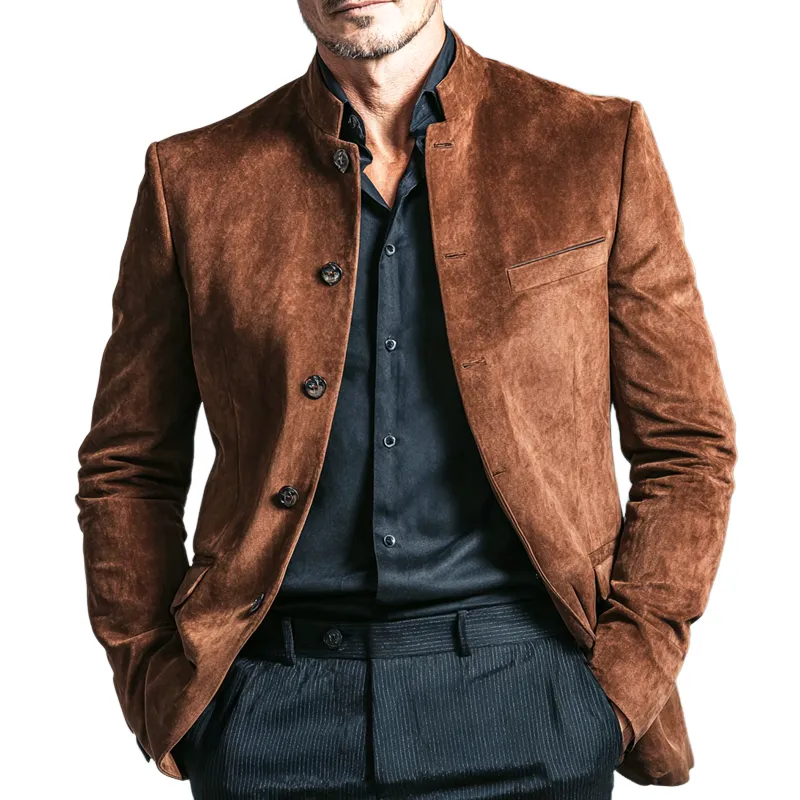 Men's Solid Faux Suede Stand Collar Single Breasted Jacket MTA1539I7Z sold by Manly
