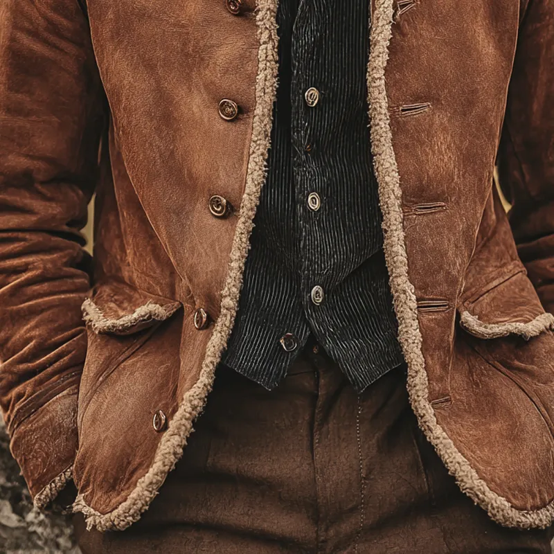 Men's Fleece Trim Faux Suede Stand Collar Single Breasted Jacket MTA1580I7Z sold by Manly product image thumbnail 4