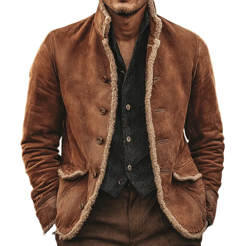 Men's Fleece Trim Faux Suede Stand Collar Single Breasted Jacket MTA1580I7Z sold by Manly